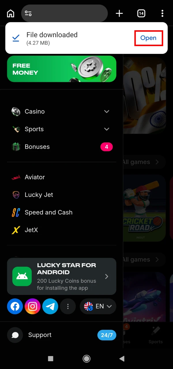 In the notification, you need to open the file to install the LuckyStar app for Android.