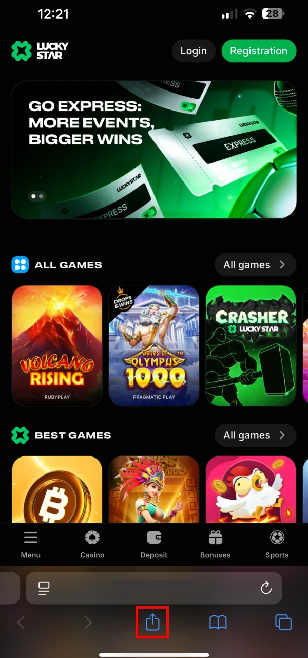 To start adding the LuckyStar app, click the share button for iOS.