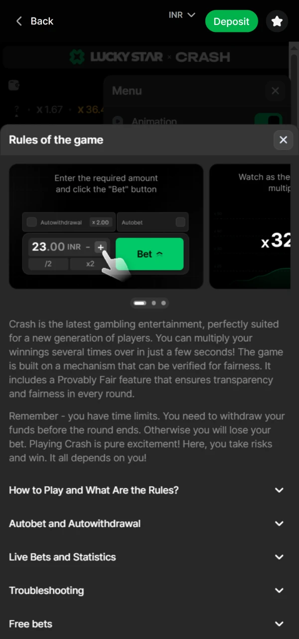 LuckyStar's rules are available for study in the Crash game itself.