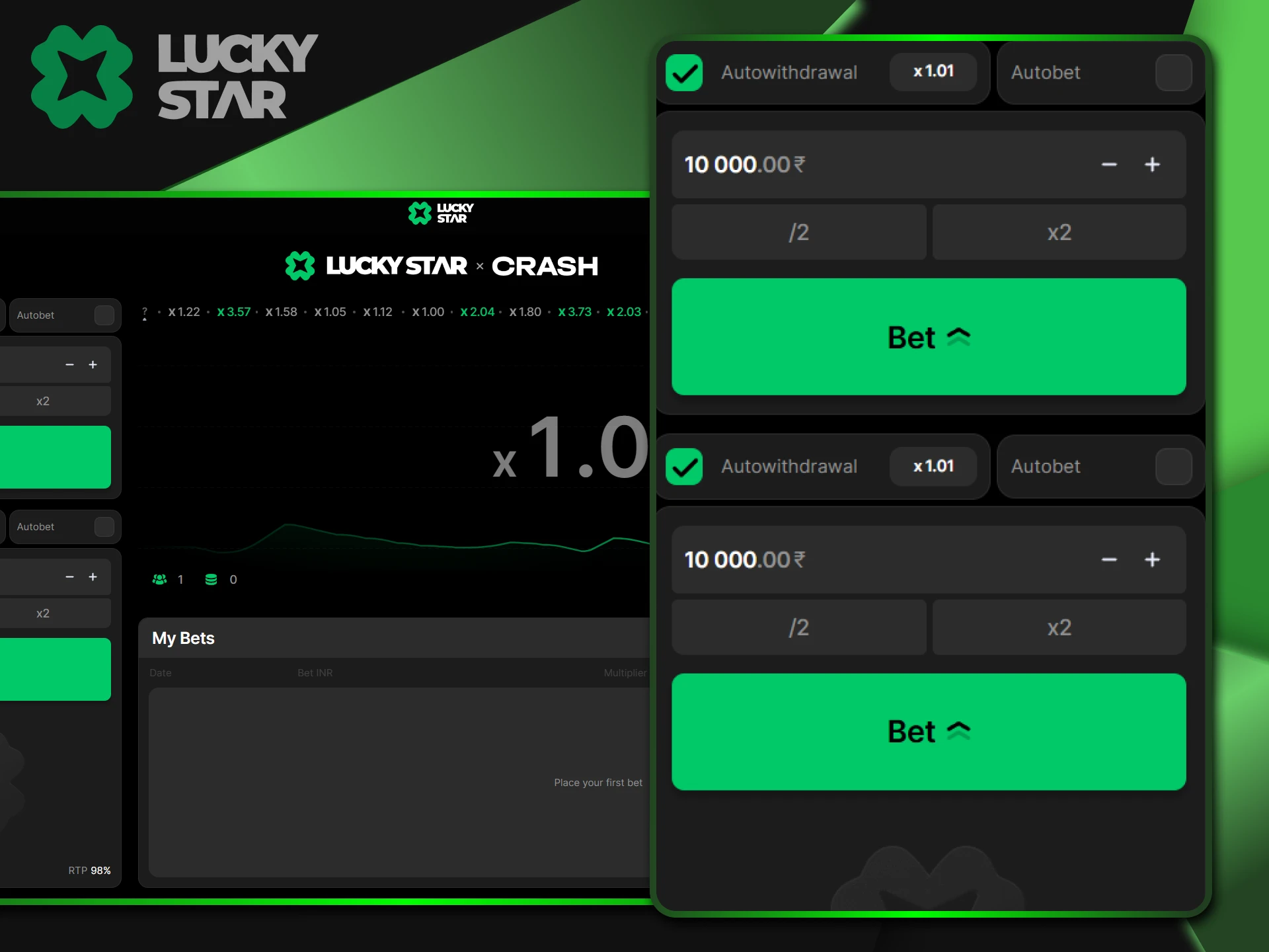 1.01 strategy in the game Crash from LuckyStar works through high stakes.