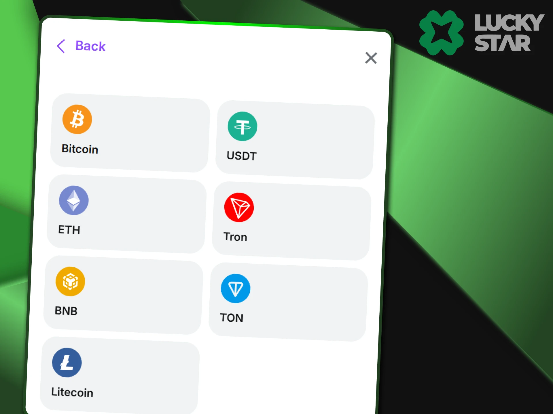 The most common cryptocurrency coins are available on the LuckyStar website.