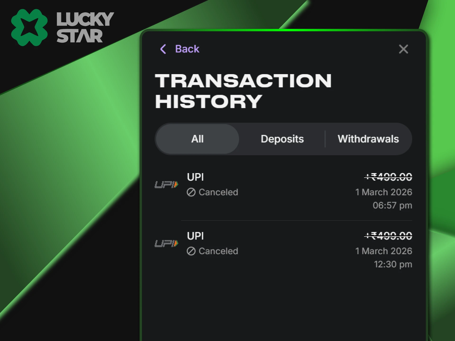 If the money has been transferred but has not arrived in your LuckyStar account, please verify the transfer details.