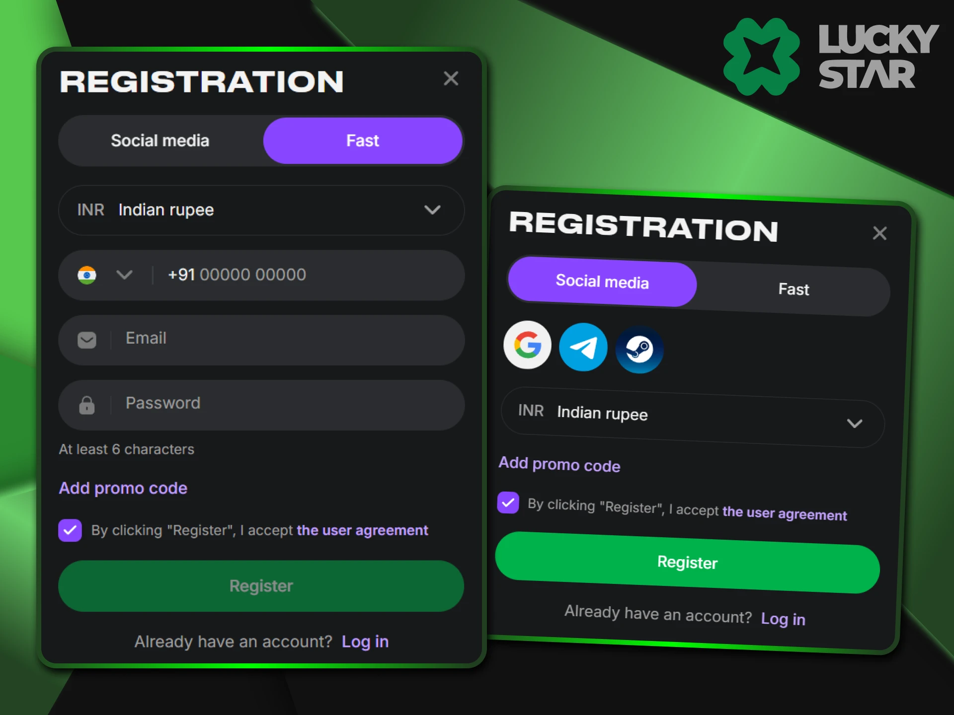 Registration is required on the LuckyStar website and is available in several options.
