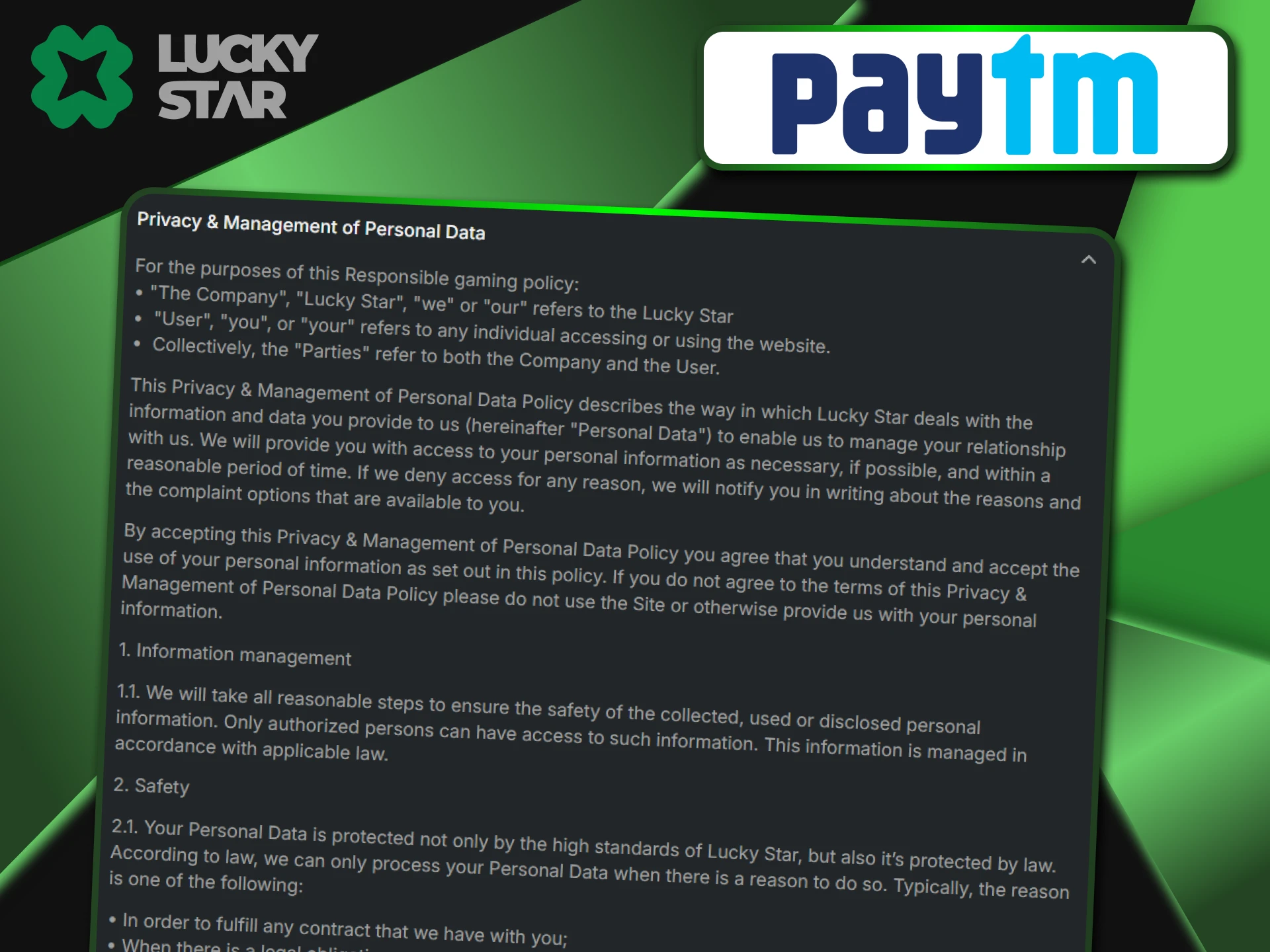 PayTM on the LuckyStar website has special protection for transactions.