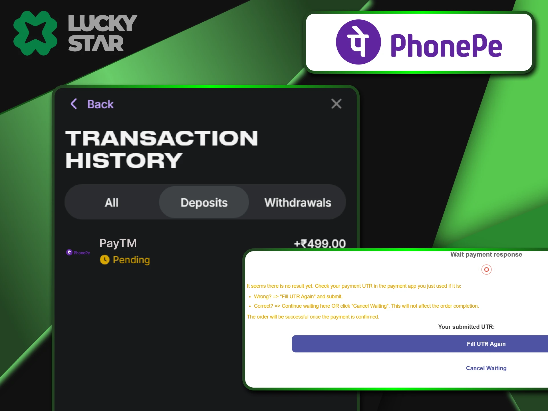 The status "In Progress" indicates that the transaction through PhonePe to LuckyStar is about to be completed.