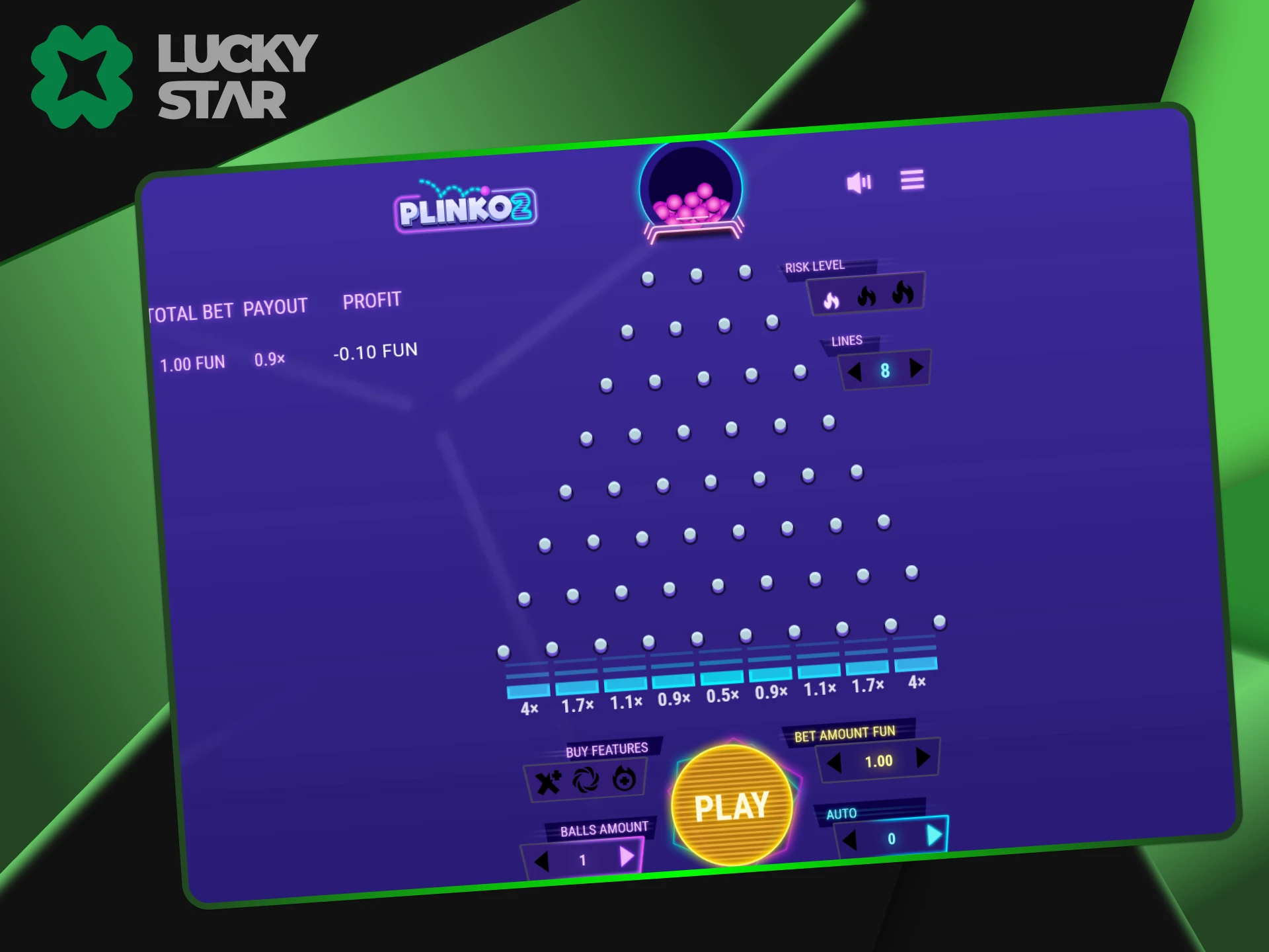 Manage your bets and games in Plinko from LuckyStar yourself.