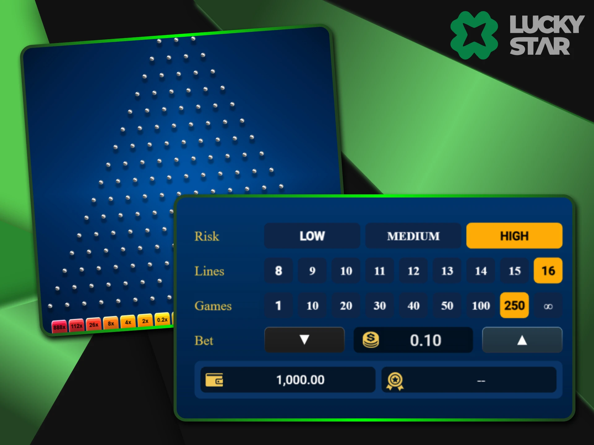 A high-risk strategy will increase your chances of winning at LuckyStar's Plinko.