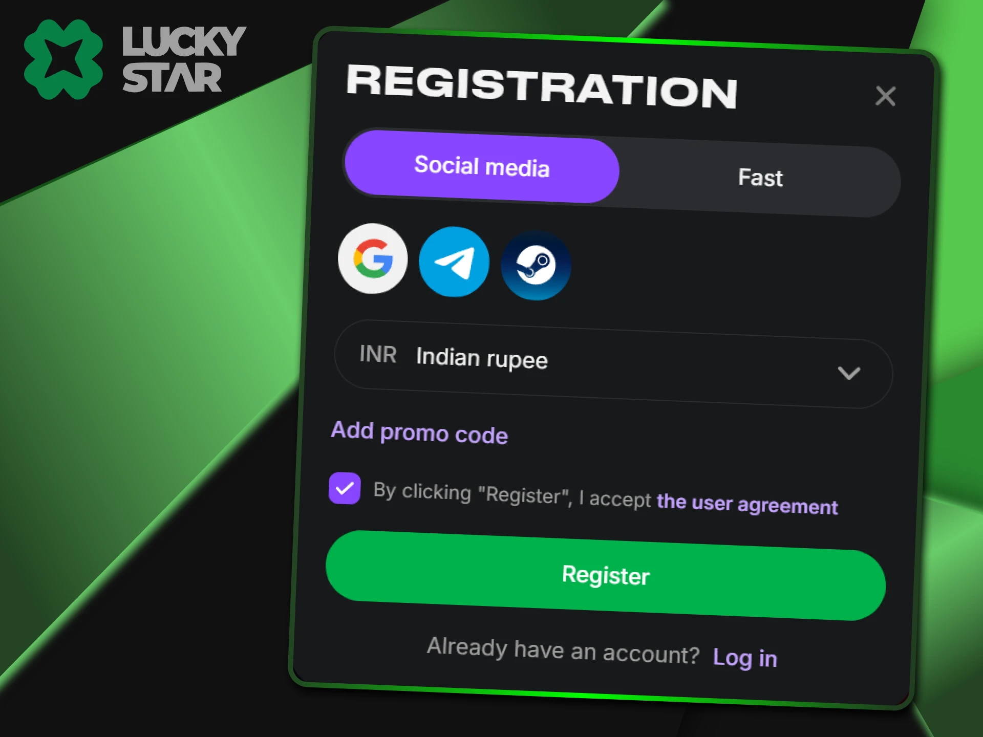 Social networks can be used to register on LuckyStar.