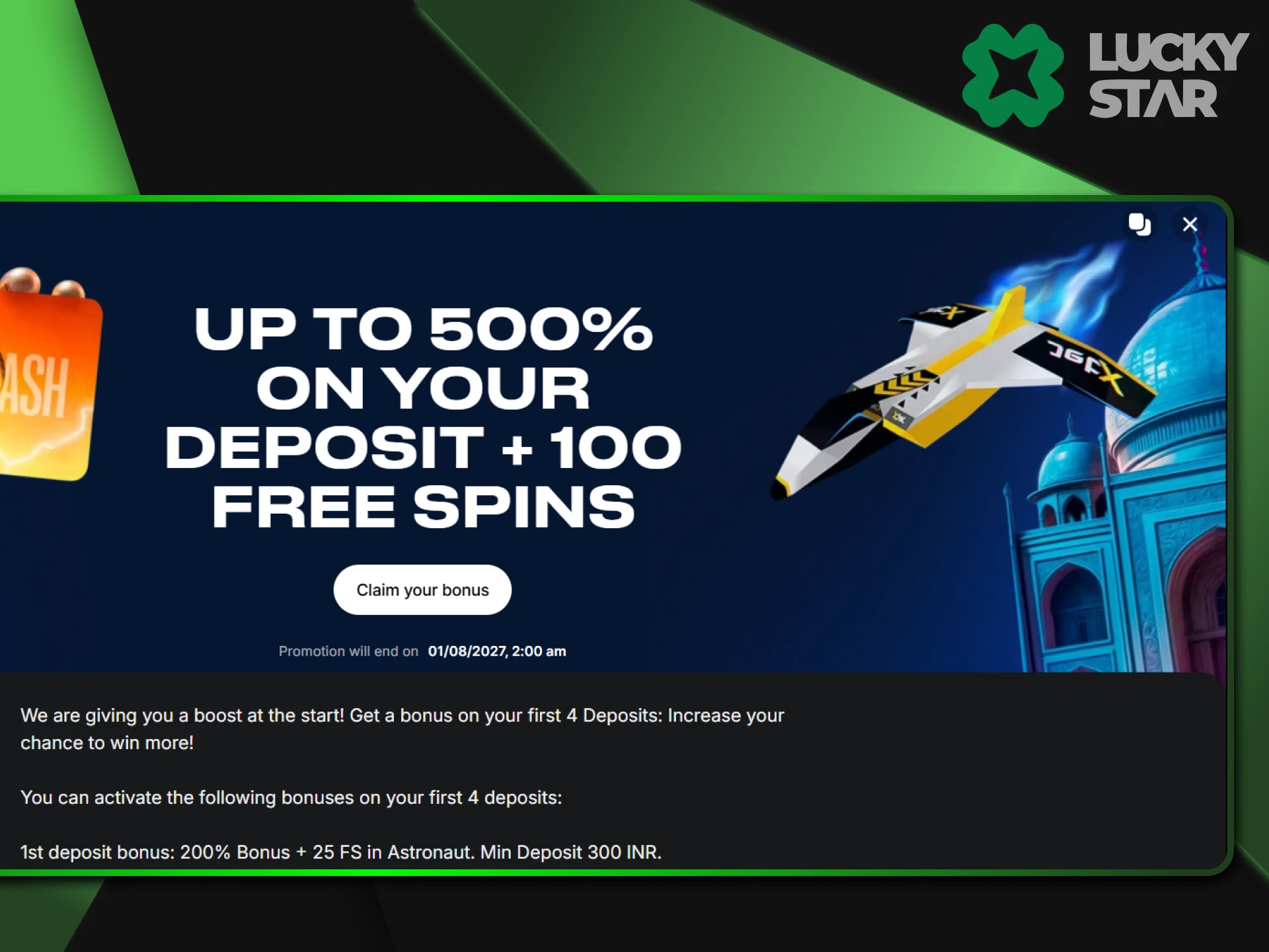 A welcome bonus awaits everyone after registering on the LuckyStar website.