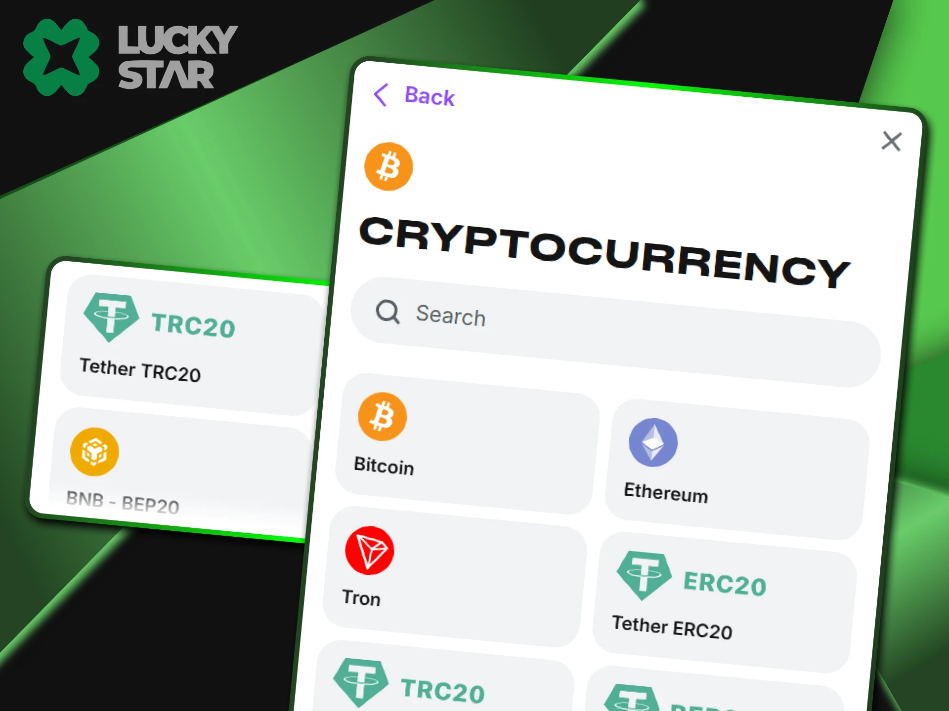 Choose one of the available cryptocurrencies to withdraw funds to LuckyStar.